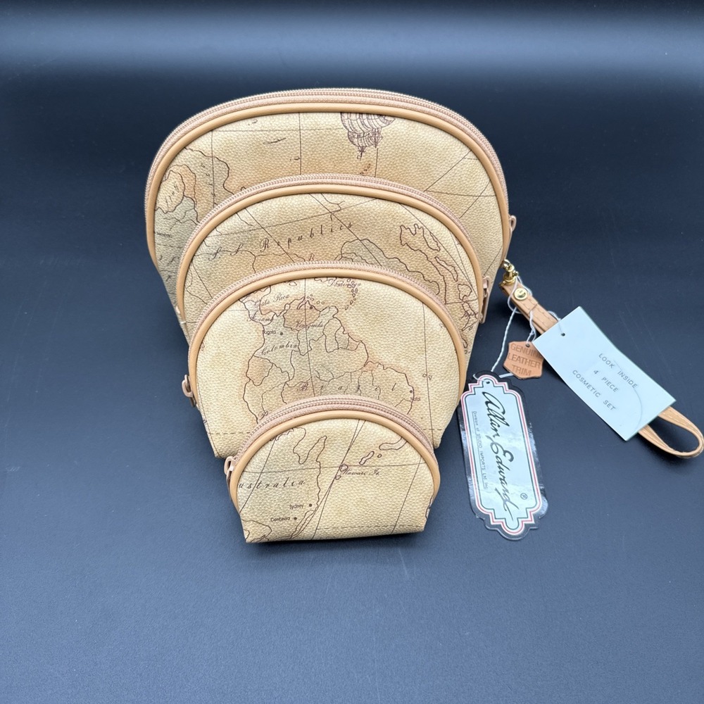 Nesting Doll Make Up Bag World Map Print - Leather‎ Trim New With Tags Vintage